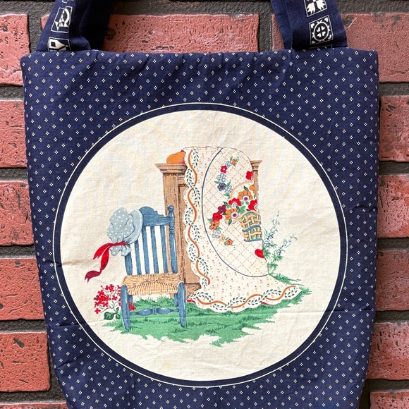 Handmade Handbags - Elegant Navy Blue Tote with Vintage Print